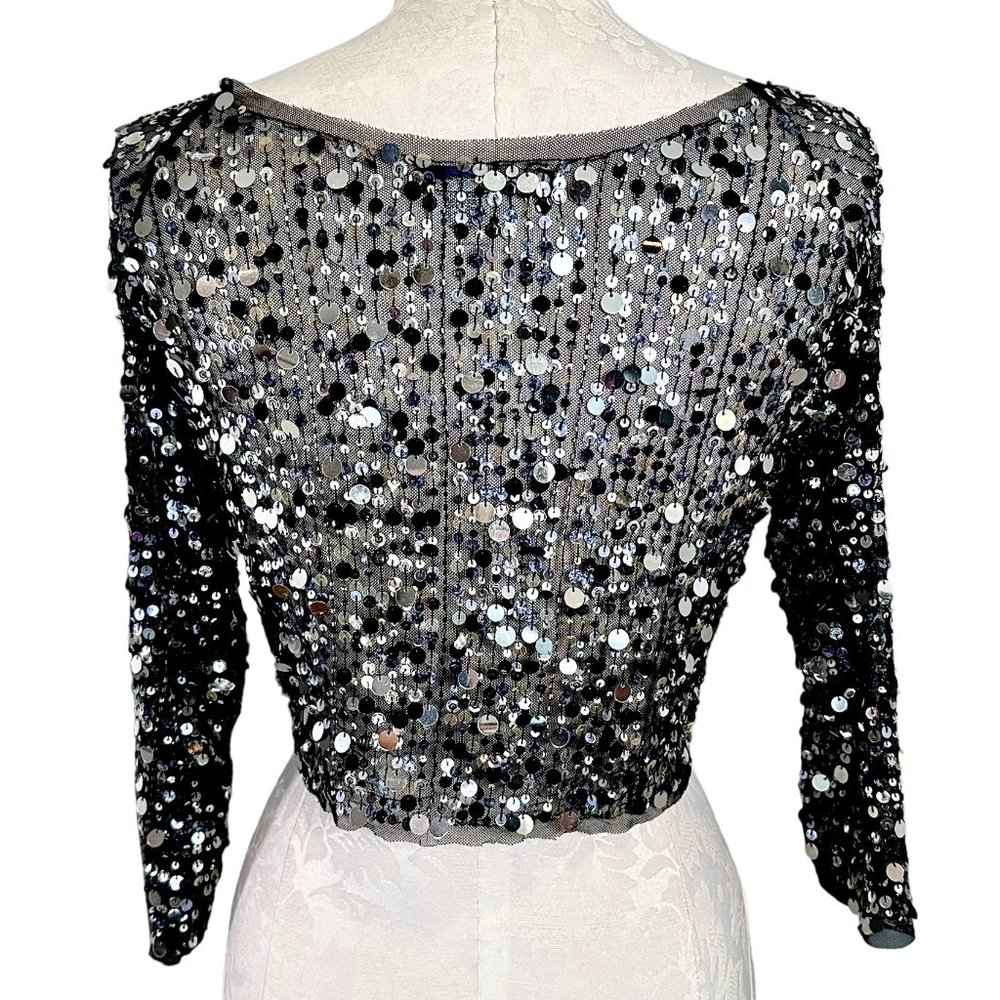havenbleu Black Sheer Silver Sequin Cropped Long Sleeve Top Small - Picture 5 of 14